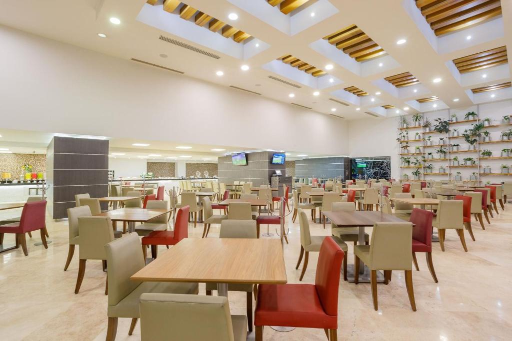 Interior de un restaurante contemporáneo con iluminación cálida sobre mesas